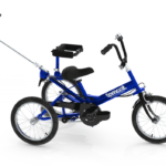 A blue Fizz trike on a white background. The trike has a Carer Control and lateral supports on the seat.
