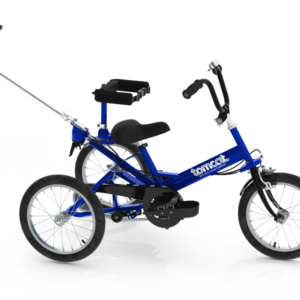 A blue Fizz trike on a white background. The trike has a Carer Control and lateral supports on the seat.