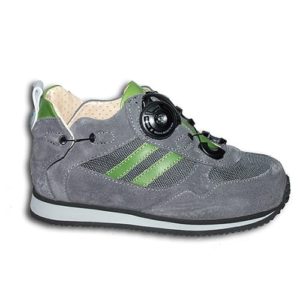 A small grey shoe with a cream-coloured lining, green stripes, and a small device on the front, and joins in the heels, to lace it up.