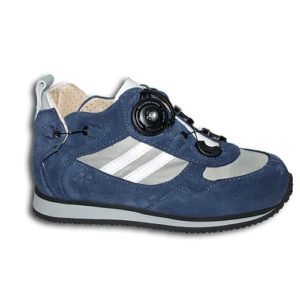 A small blue shoe with a cream-coloured lining and a small device on the front, and joins in the heels, to lace it up.
