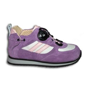 A purple shoe with a cream-coloured lining and a small device on the front, and joins in the heels, to lace it up.