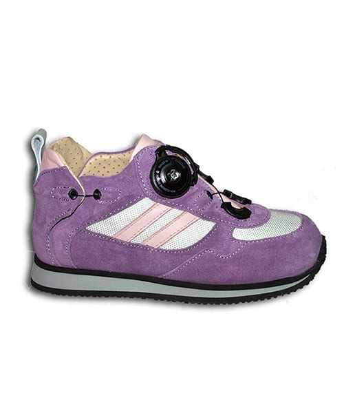 A purple shoe with a cream-coloured lining and a small device on the front, and joins in the heels, to lace it up.