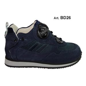 A small navy shoe with a cream-coloured lining and a small device on the front, and joins in the heels, to lace it up.