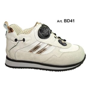 A small white shoe with a cream-coloured lining and a small device on the front, and joins in the heels, to lace it up.