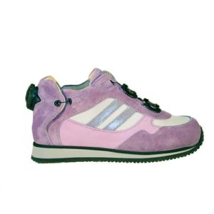 A purple shoe with a cream-coloured lining and a small device on the back to lace it up.
