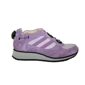 A purple shoe with a cream-coloured lining and a small device on the back to lace it up.