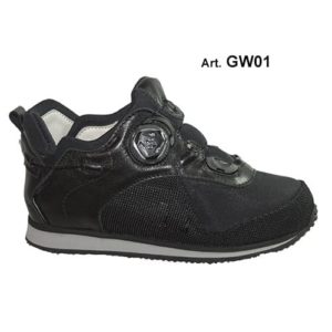 A black shoe with a cream-coloured lining and a small device on the front, and joins in the heels, to lace it up.