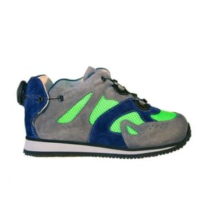 A small grey, blue and green shoe with a cream-coloured lining and a small device on the back to lace it up.