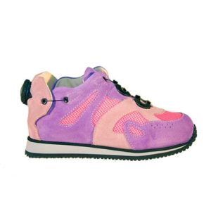 A pink, purple and peach shoe with a cream-coloured lining and a small device on the back to lace it up.