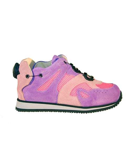 A pink, purple and peach shoe with a cream-coloured lining and a small device on the back to lace it up.