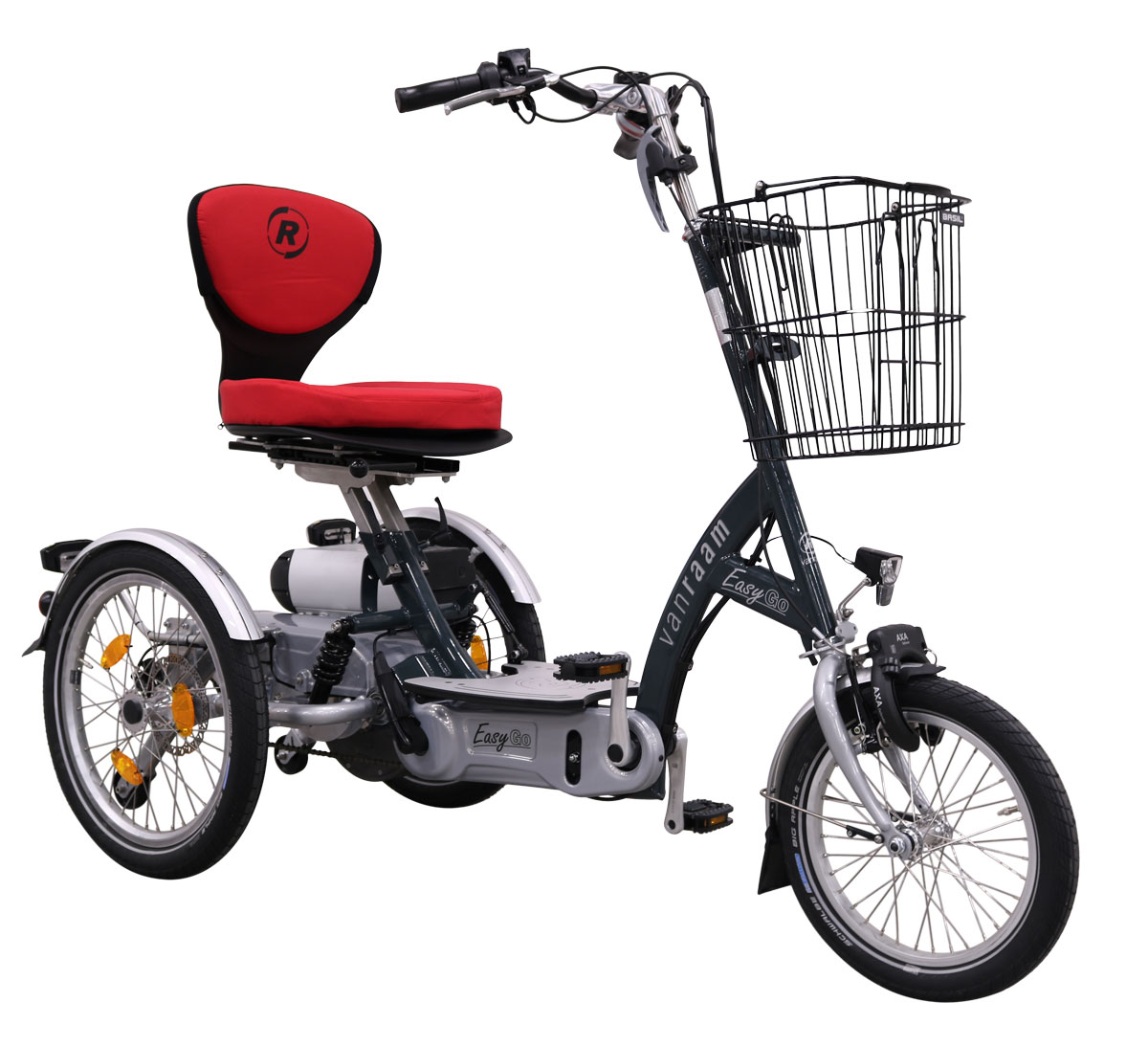 A Van Raam Easy Go Scooter bike on a white background. The bike has three wheels, enclosed chain drive, and a basket on the front.