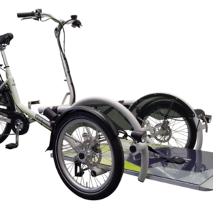 A VanRaam VeloPlus, which is a bike with a platform at the front of the bike to create space for a wheelchair user.