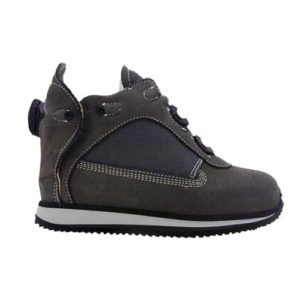 A small brown shoe with a cream-coloured lining and a small device on the back to lace it up.