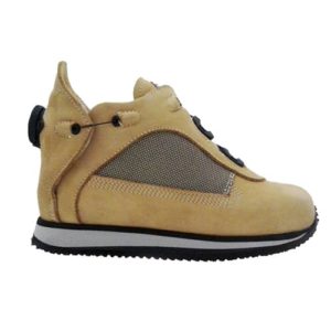 A small beige shoe with a cream-coloured lining and a small device on the back to lace it up.
