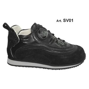 A black shoe with a cream-coloured lining and a small device on the front, and joins in the heels, to lace it up.