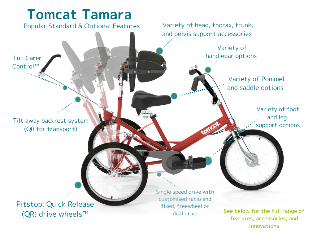An annotated CAD image of a Tomcat Tamara. Title reads: Tomcat Tamara. Subtitle reads: Popular Standard & Optional features. Labels read: Variety of head, trunk, thorax, and pelvis support accessories; variety of handlebar options; variety of pommel and saddle options; variety of foot and leg support options; single speed drive with customised ratio and fixed, freewheel or dual drive; Pitstop Quick Release drive wheels; Tilt Away Backrest system; Full Carer Control. Additional label in green reads: See below for the full range of features, accessories, and innovations.