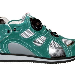 A teal shoe with a cream-coloured lining and a small device on the front, and joins in the heels, to lace it up.