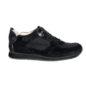 A black shoe with a cream-coloured lining and a small device on the front, and joins in the heels, to lace it up.
