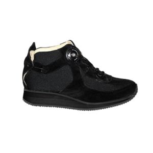 A black shoe with a cream-coloured lining and a small device on the front, and joins in the heels, to lace it up.