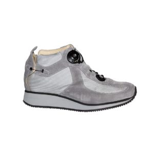A light grey shoe with a cream-coloured lining and a small device on the front, and joins in the heels, to lace it up.