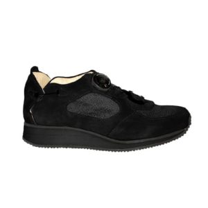 A black shoe with a cream-coloured lining and a small device on the front, and joins in the heels, to lace it up.
