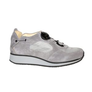 A grey shoe with a cream-coloured lining and a small device on the front, and joins in the heels, to lace it up.