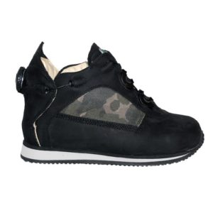 A small black shoe with a cream-coloured lining, small camo pattern, and a small device on the back to lace it up.