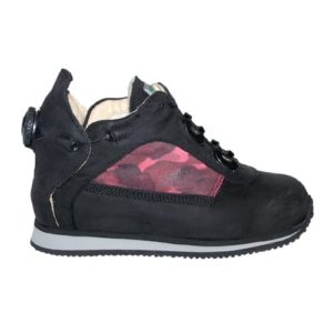 A small black shoe with a cream-coloured lining, small pink pattern, and a small device on the back to lace it up.