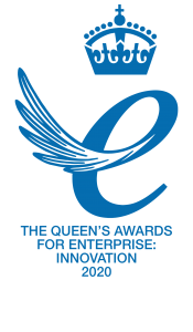 The logo for the Queens Award for Enterprise and Innovation in blue. At the top is a crown. Below it is a lowercase 'e' with a wing coming out of part of the letter. At the bottom is the text 'The Queen's Awards for Enterprise: Innovation 2020.'